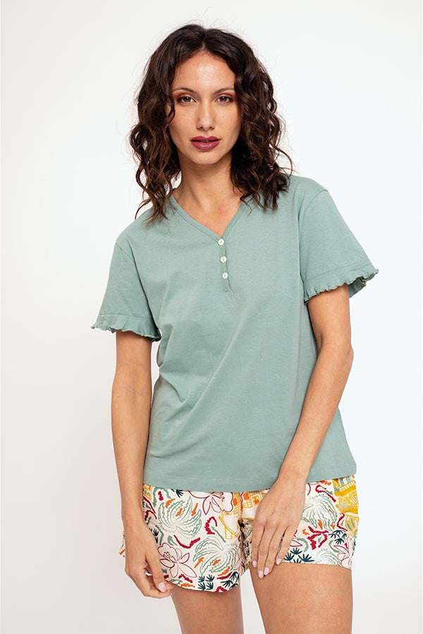 Pijama curto feminino com calça estampada | MUYDEMI