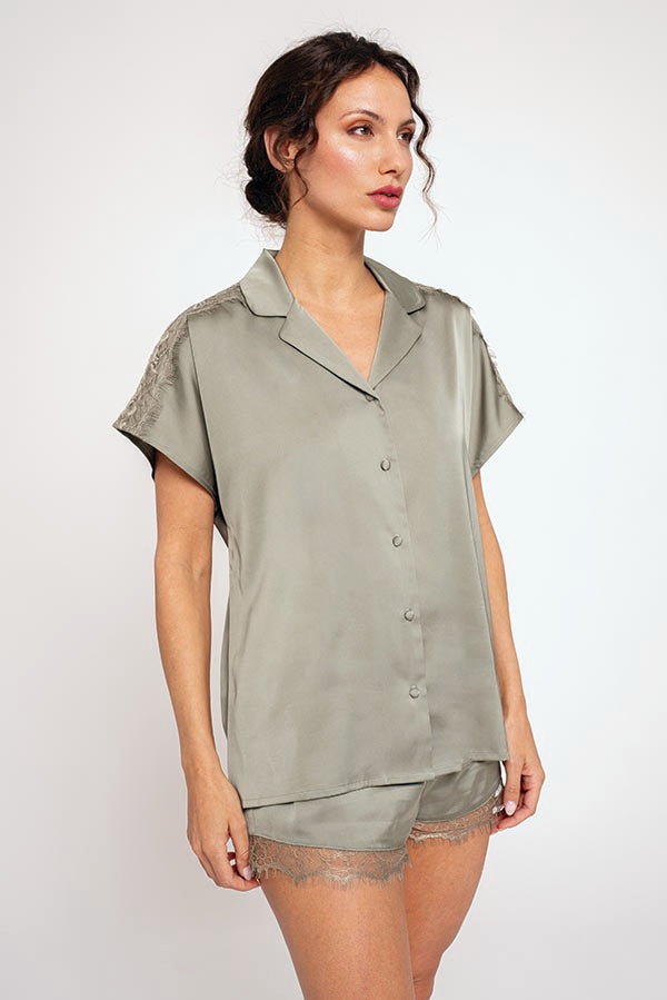 Pijama curto de cetim verde feminino | MUYDEMI