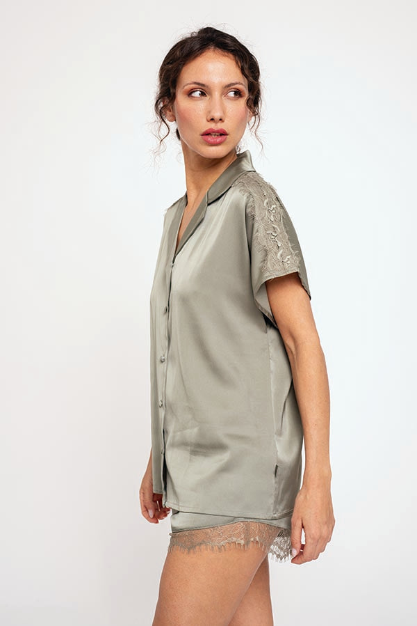 Pijama curto de cetim verde feminino | MUYDEMI