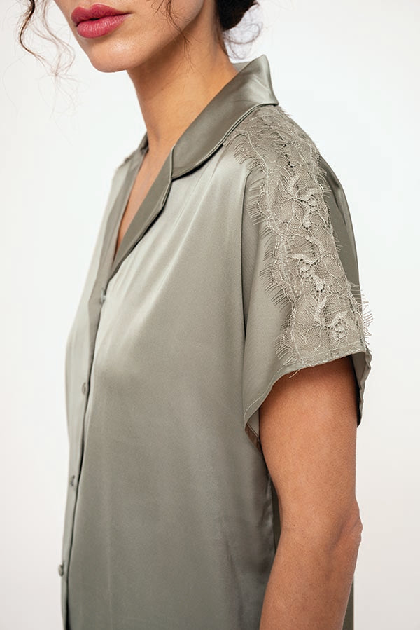 Pijama curto de cetim verde feminino | MUYDEMI