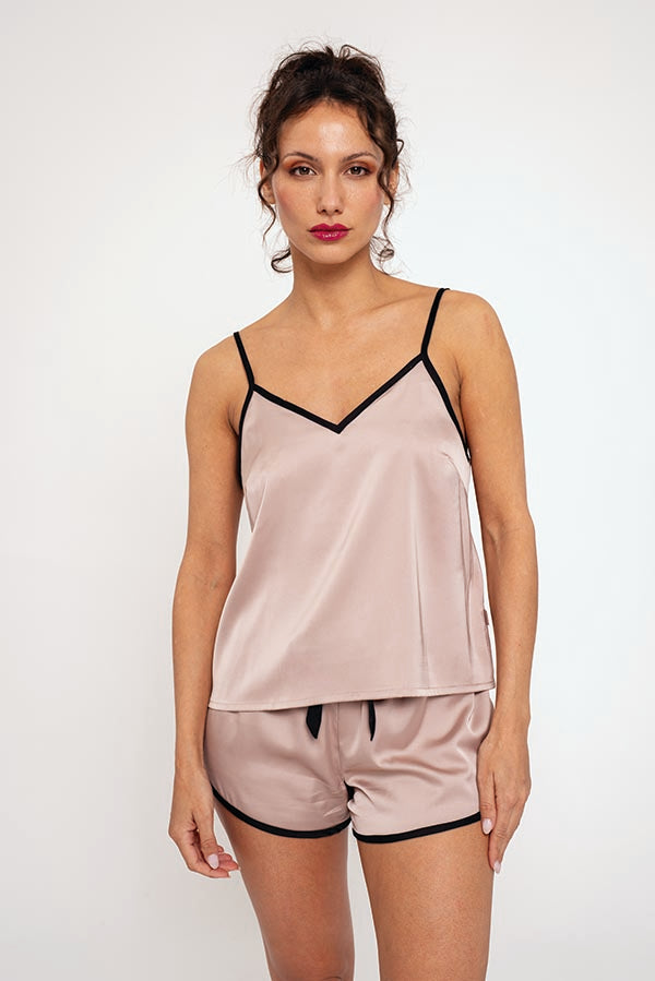 Pijama curto de cetim rosa feminino | MUYDEMI