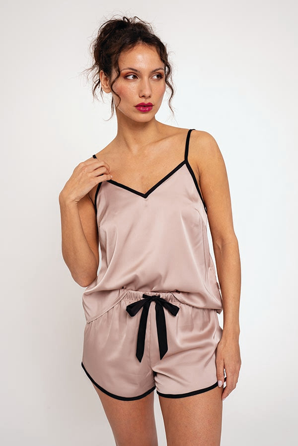Pijama curto de cetim rosa feminino | MUYDEMI