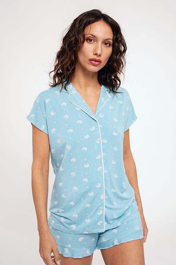 Pijama feminino estampado azul com botões curtos | MUYDEMI