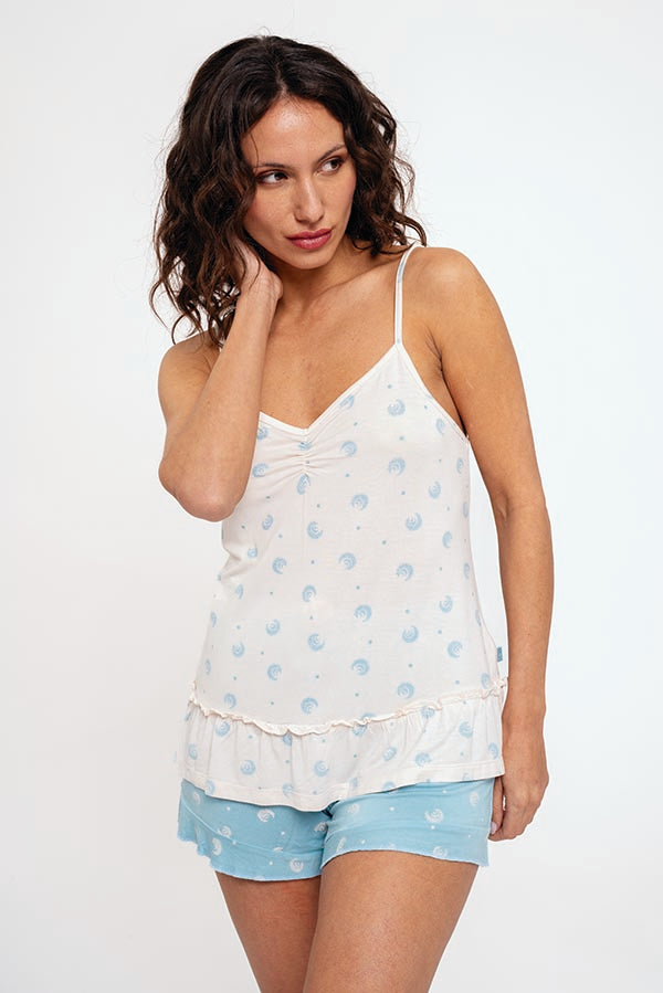 Pijama curto feminino estampado com detalhe de babado | MUYDEMI
