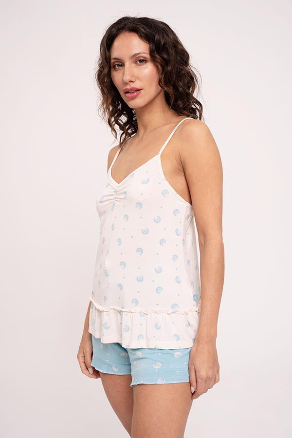 Pijama curto feminino estampado com detalhe de babado | MUYDEMI