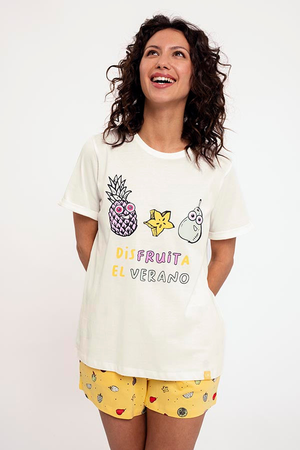 Pijama curto feminino de algodão com estampa de frutas | MUYDEMI