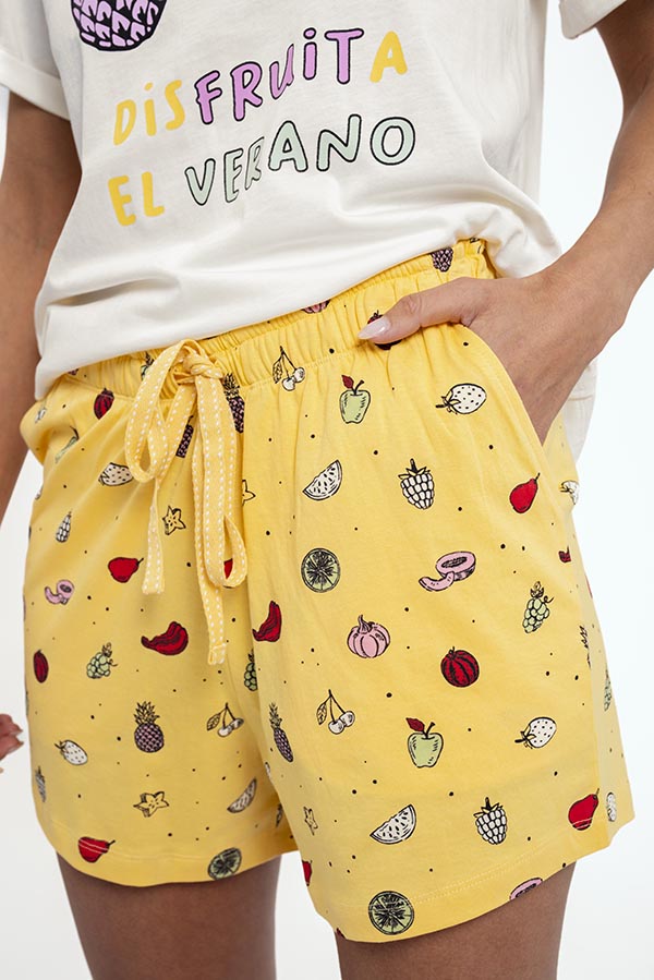 Pijama curto feminino de algodão com estampa de frutas | MUYDEMI
