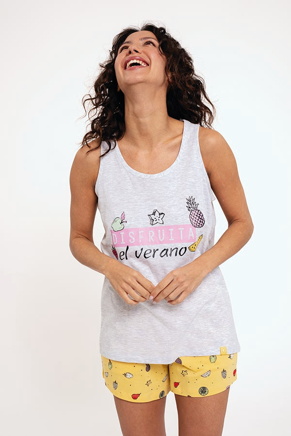 Pijama feminino com alças de algodão estampado de frutas | MUYDEMI