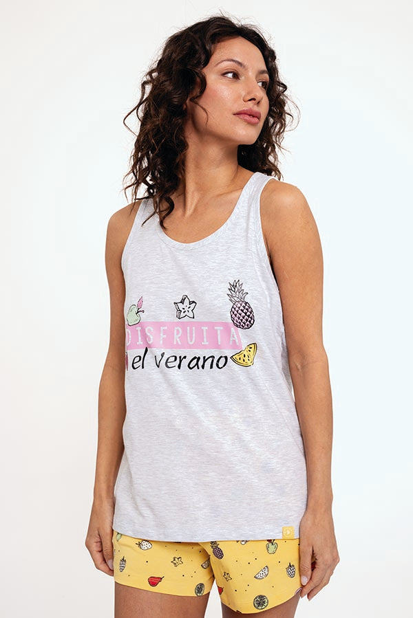 Pijama feminino com alças de algodão estampado de frutas | MUYDEMI