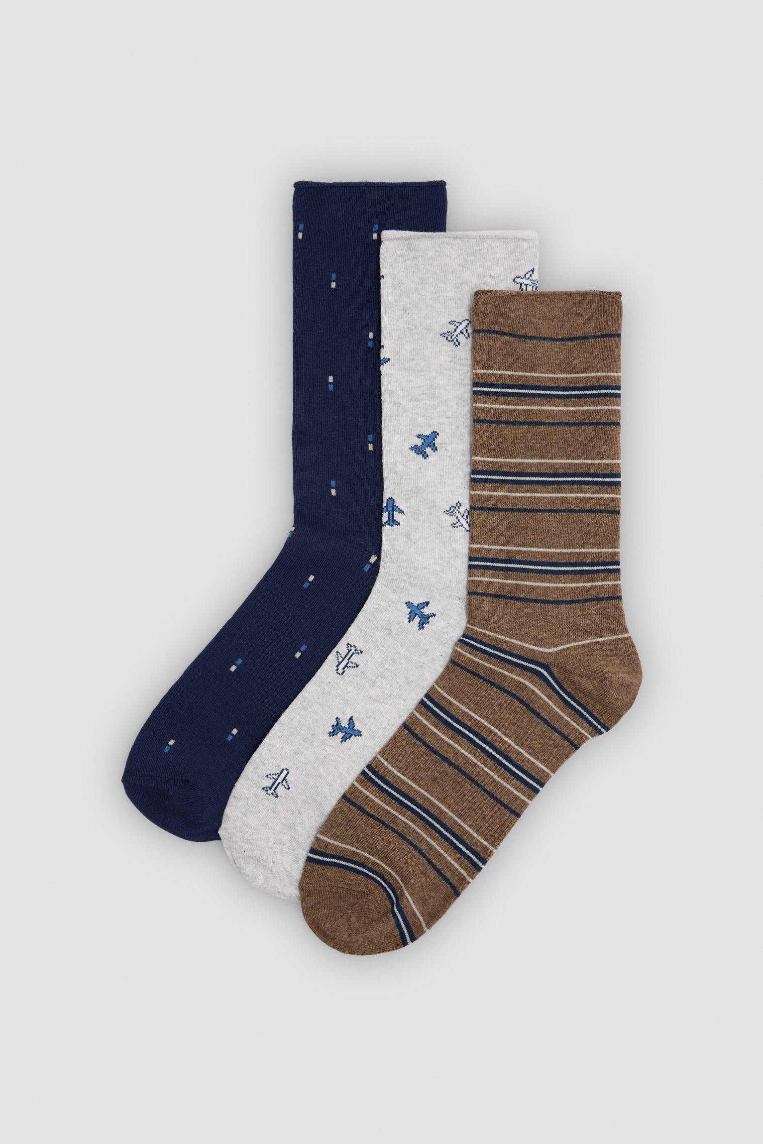 Pack de 3 meias de homem com estampado de aviões e riscas