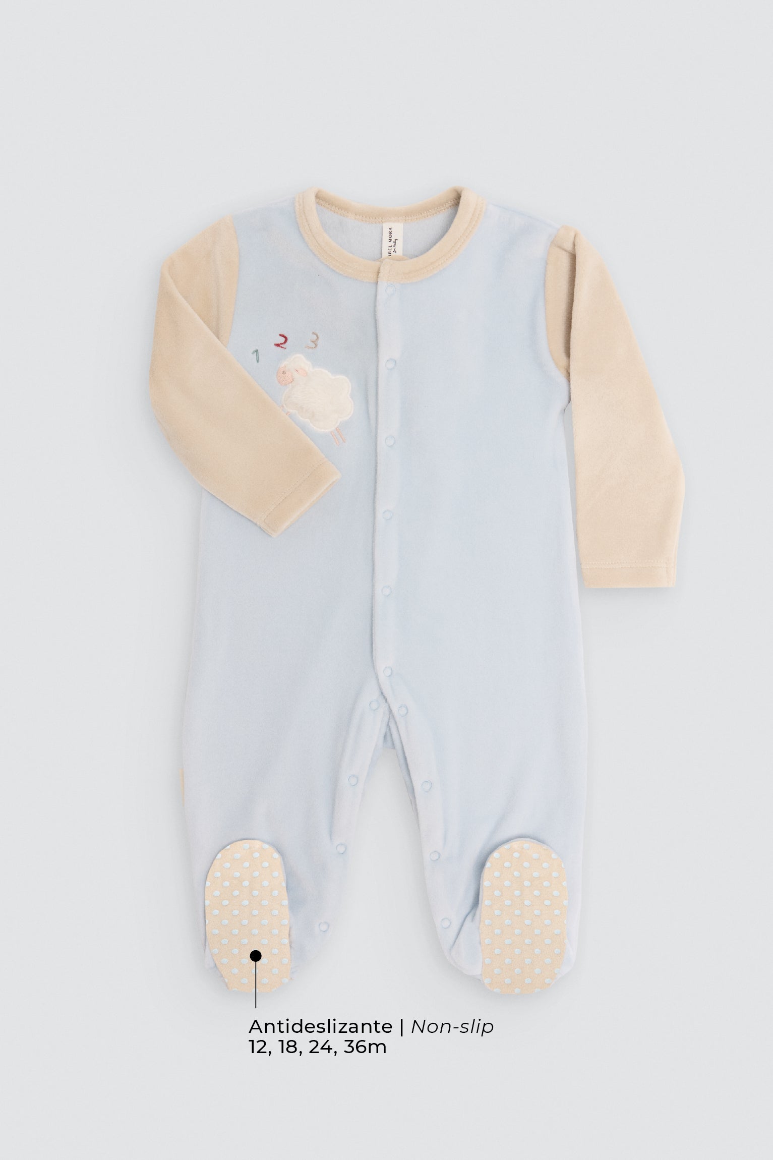 Babygrow de bebé em veludo bicolor com desenho de ovelha