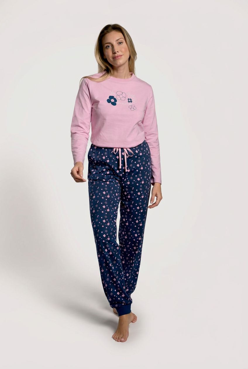 Pijama comprido de mulher em algodão estampado de flores