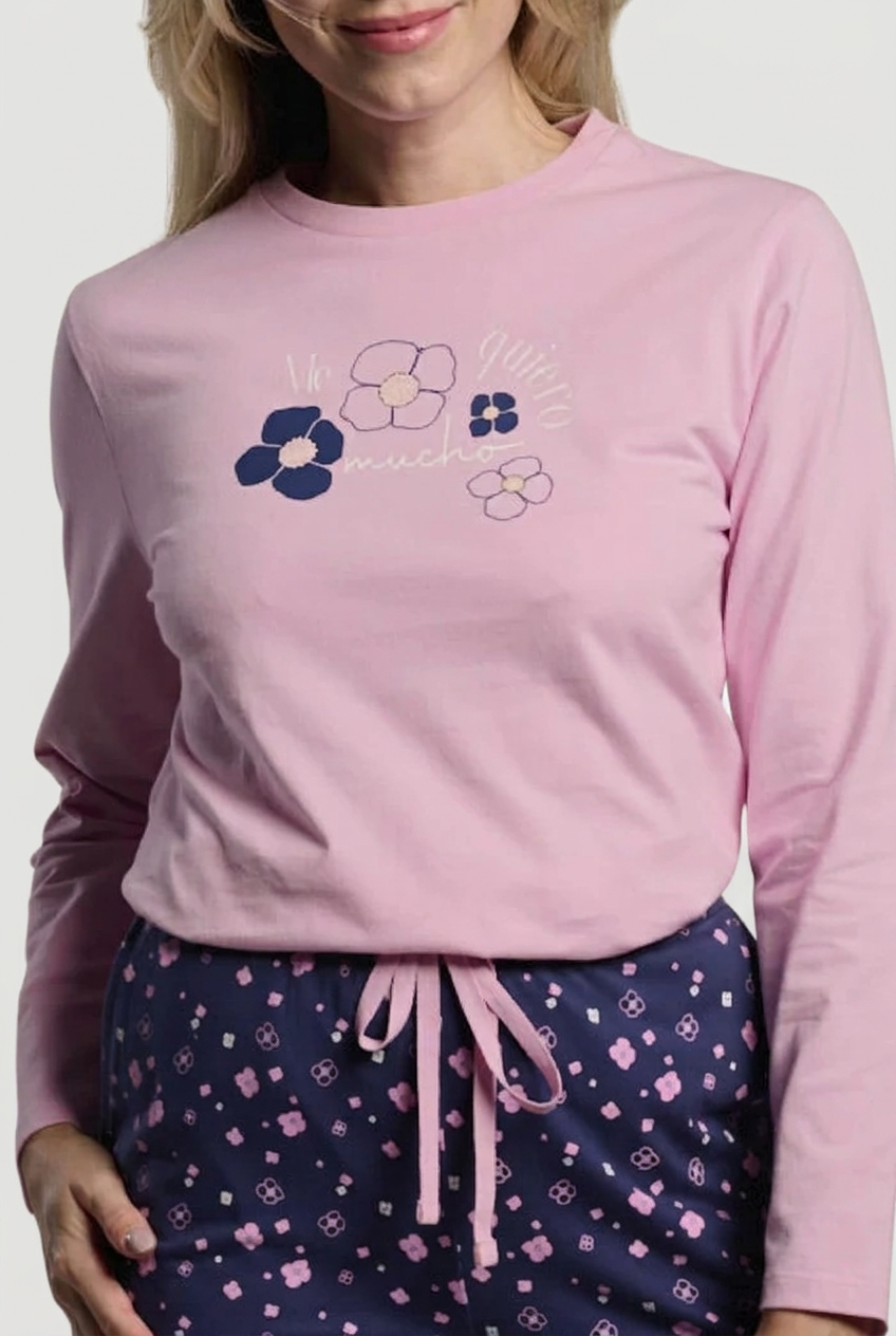 Pijama comprido de mulher em algodão estampado de flores