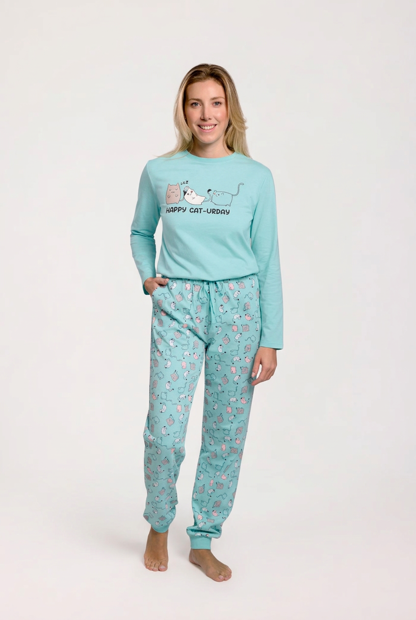 Pijama comprido de mulher em algodão azul estampado de gatos