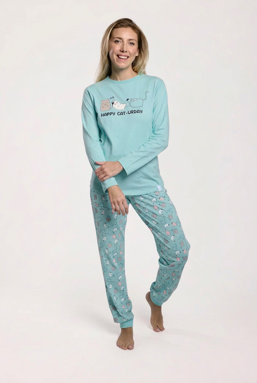 Pijama comprido de mulher em algodão azul estampado de gatos
