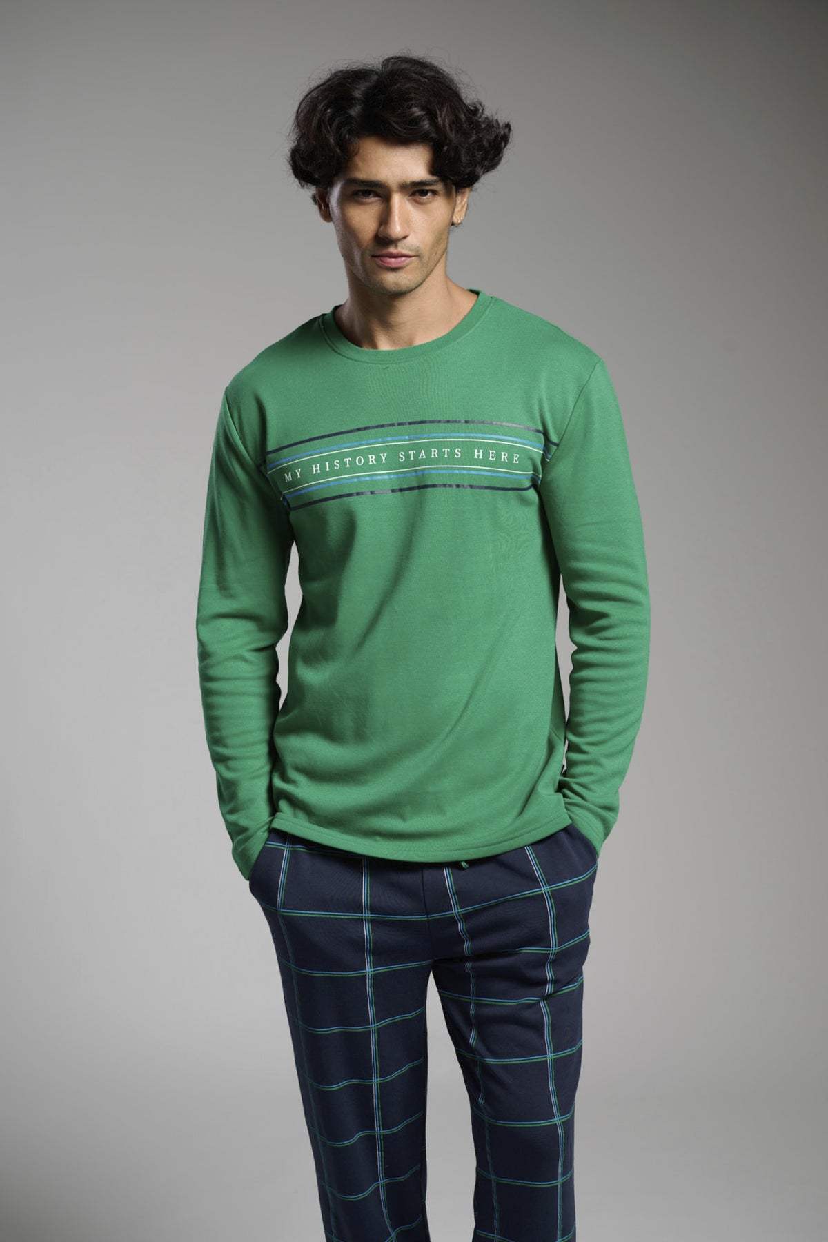 Pijama comprido de homem cardado estampado My History Starts Here