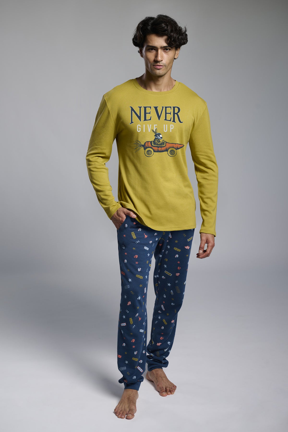 Pijama comprido de homem cardado estampado driver Never Give Up