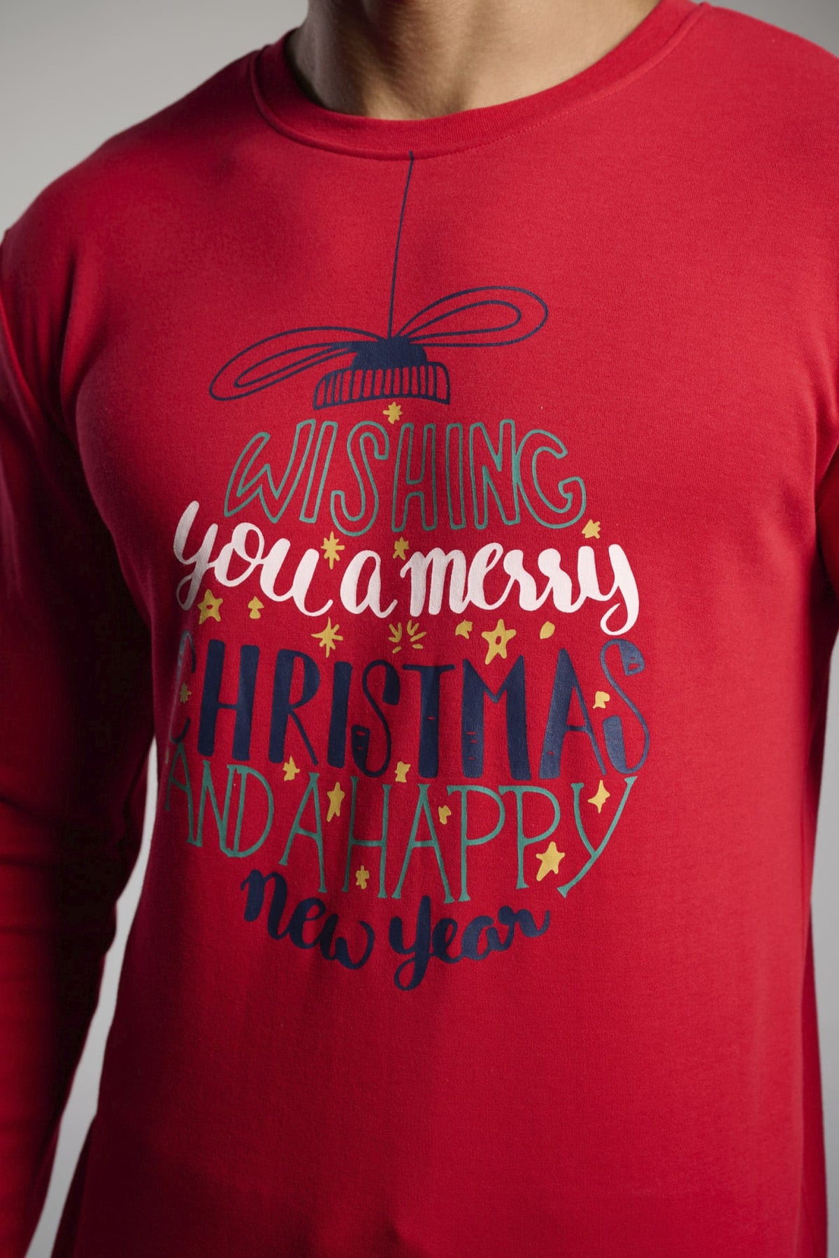 Pijama comprido de homem cardado estampado de Natal Wishing you a Merry Christmas and a Happy New Year