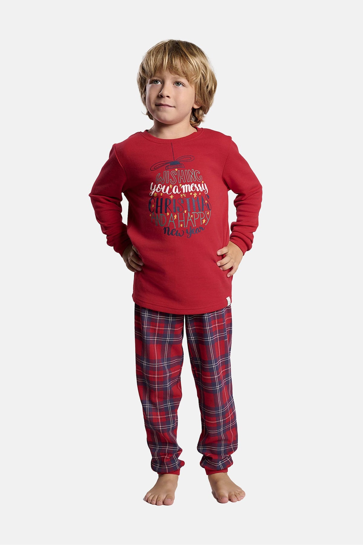 Pijama comprido infantil unissexo cardado Natal aos quadrados