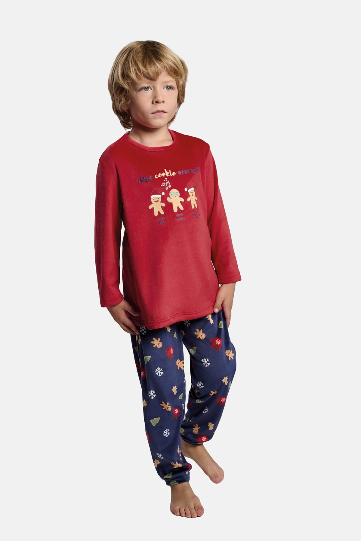 Pijama comprido infantil unissexo em veludo Natal estampado de gengibre