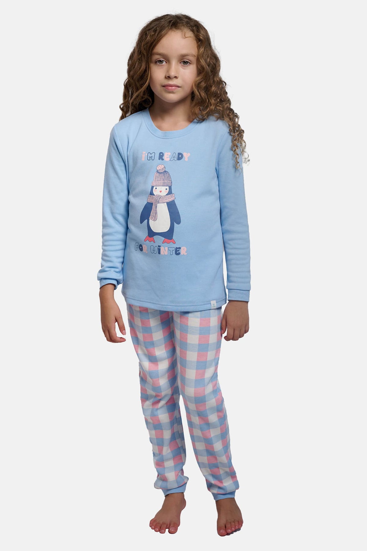 Pijama comprido de menina cardado I'm ready for winter pinguim aos quadrados