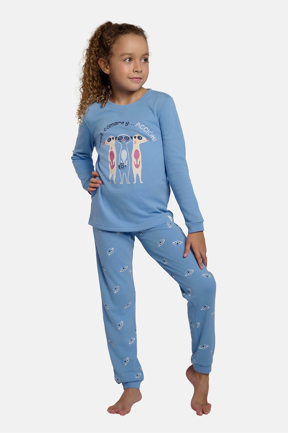 Pijama comprido de menina cardado estampado de suricatas