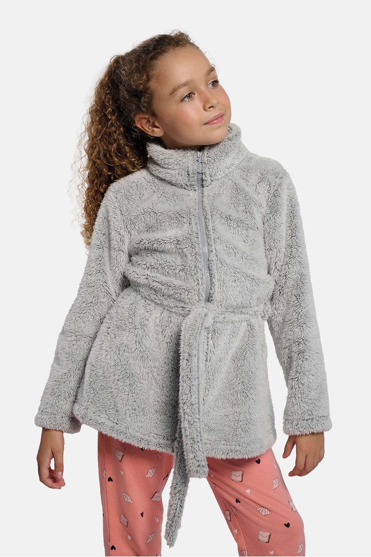 Roupão infantil de menina polar coral cinzento com cinto