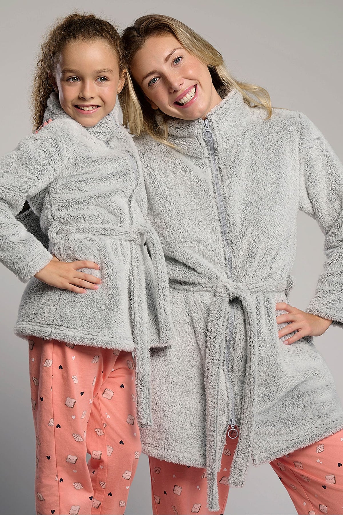 Roupão infantil de menina polar coral cinzento com cinto