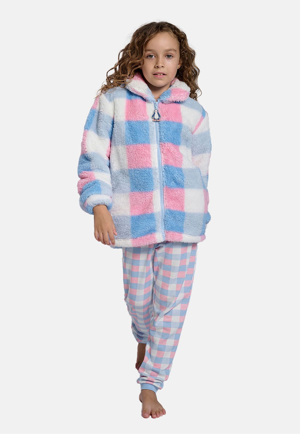 Roupão infantil de menina polar sherpa aos quadrados com fecho de correr
