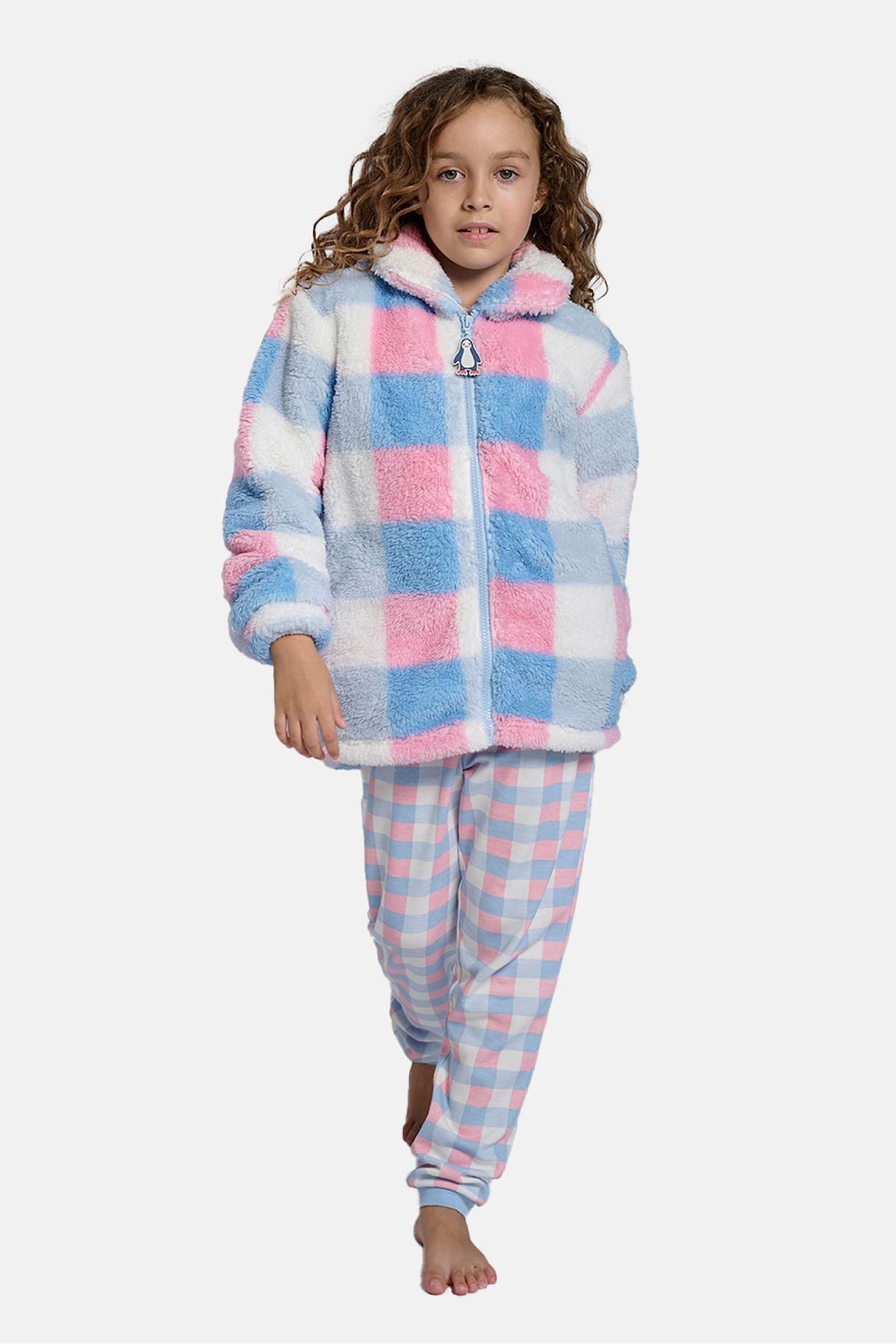 Roupão infantil de menina polar sherpa aos quadrados com fecho de correr