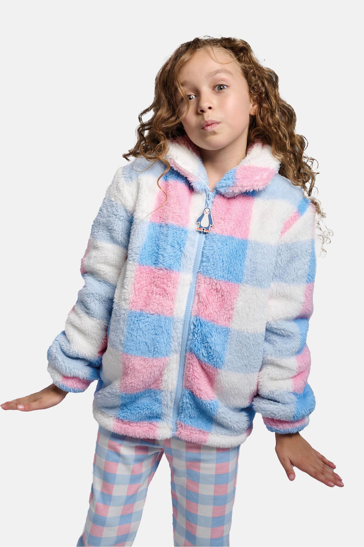 Roupão infantil de menina polar sherpa aos quadrados com fecho de correr