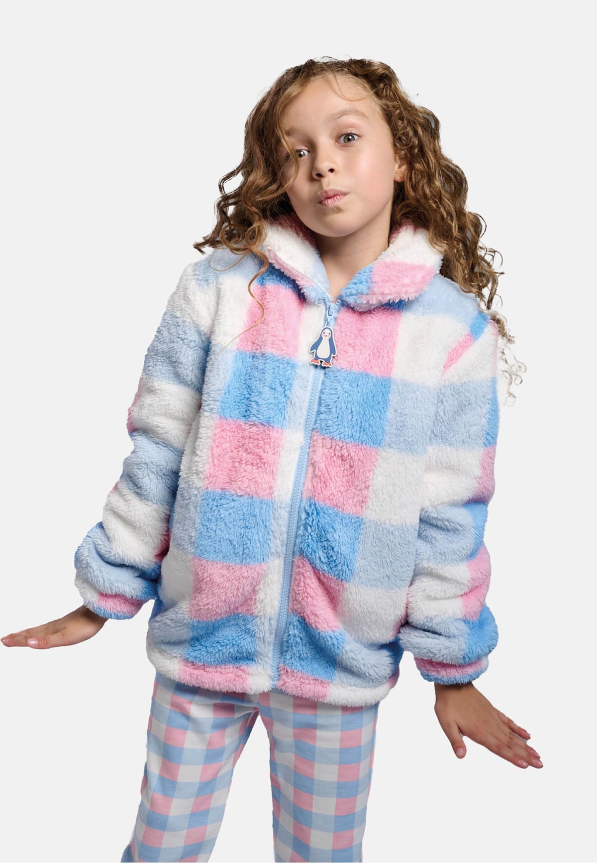 Roupão infantil de menina polar sherpa aos quadrados com fecho de correr