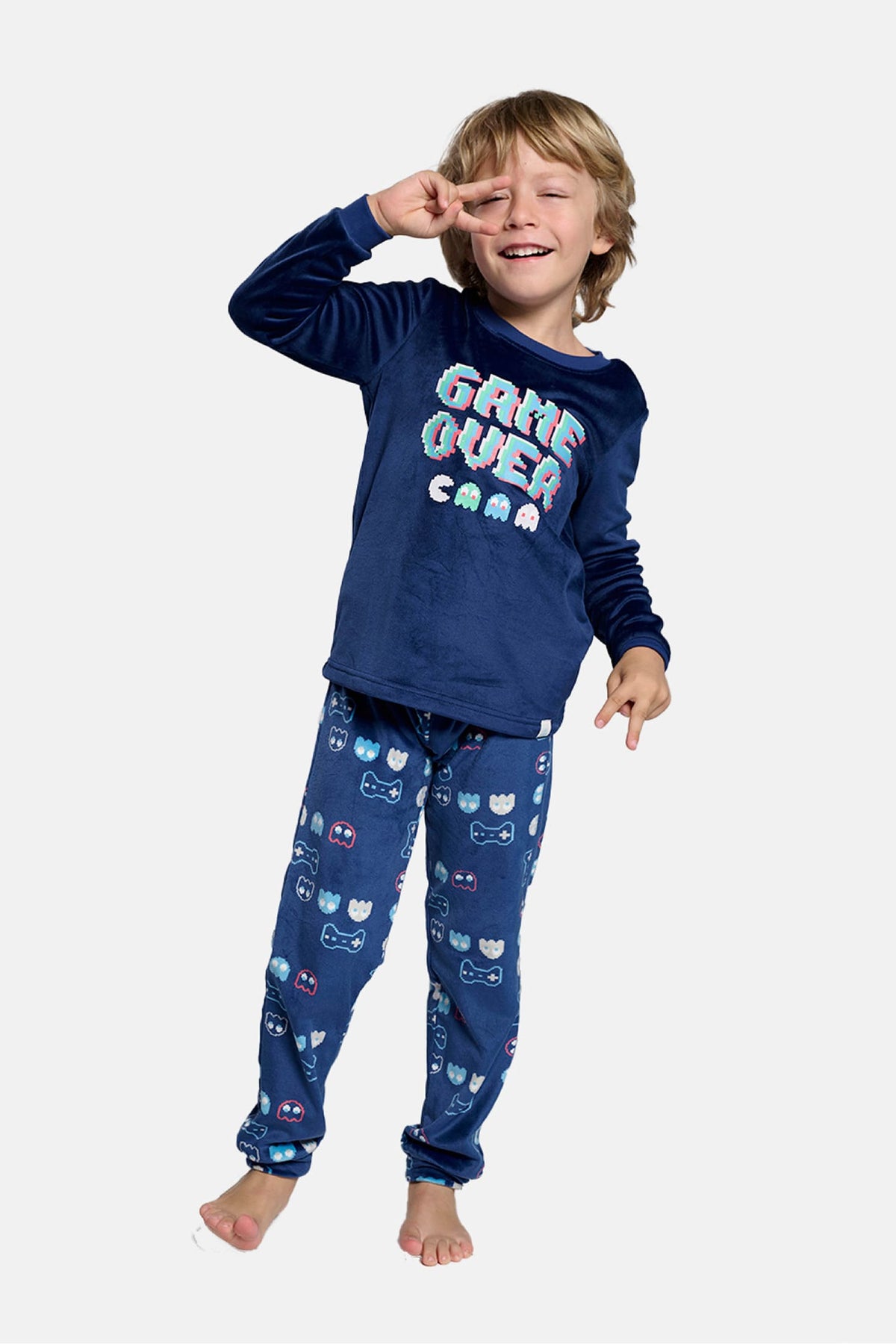 Pijama comprido de menino em veludo Game Over