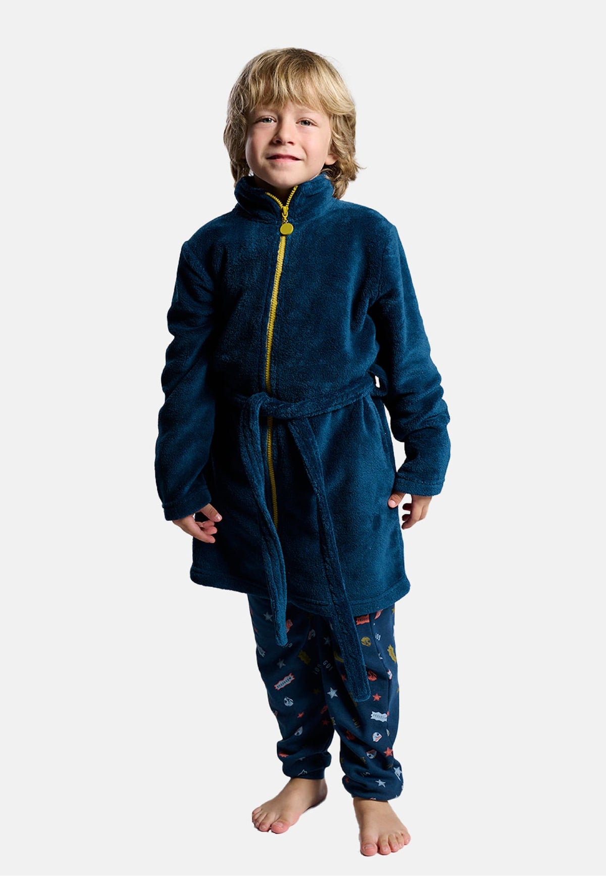 Roupão infantil de menino polar coral com fecho em contraste