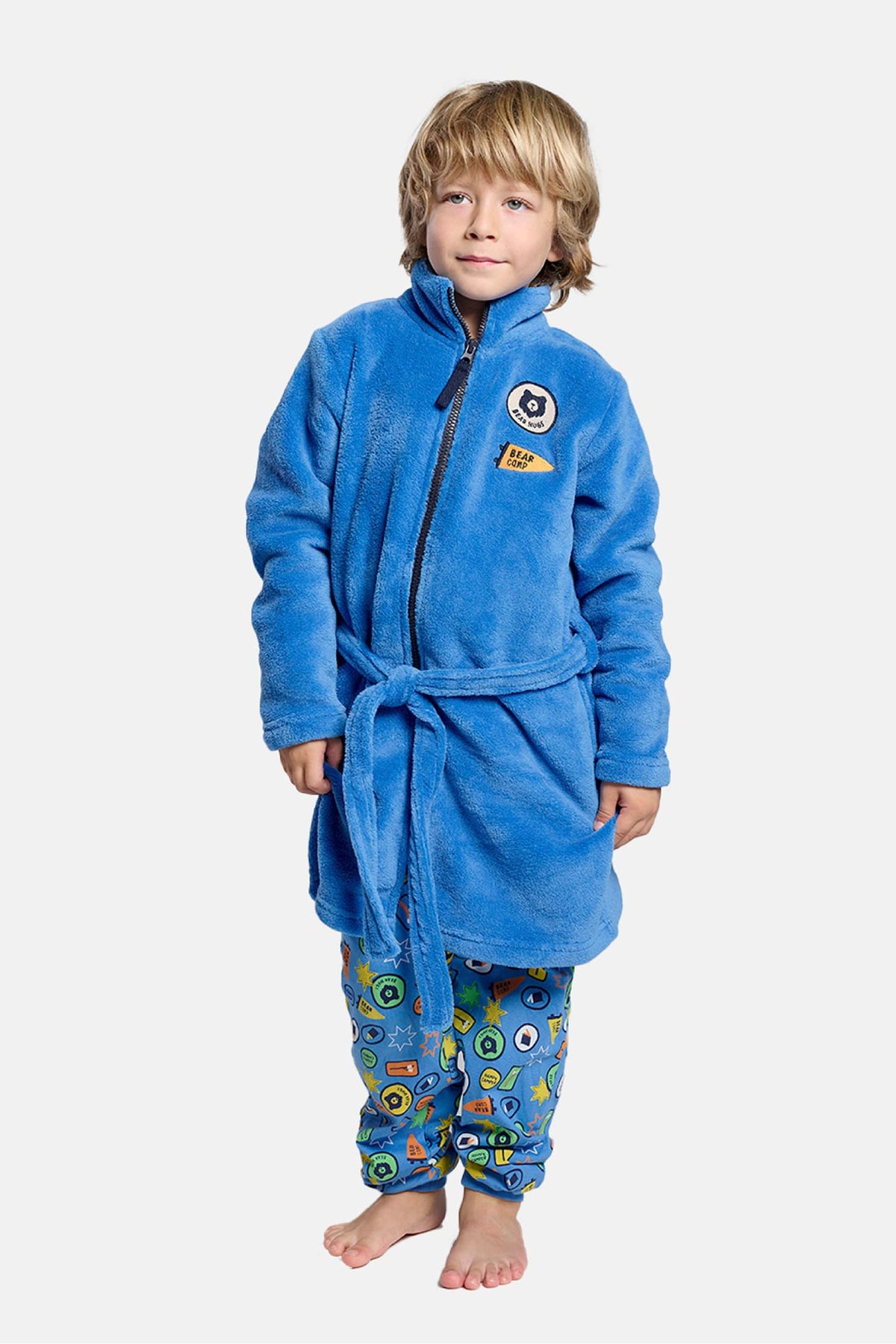 Roupão infantil de menino polar coral com fecho de correr e detalhes de patches