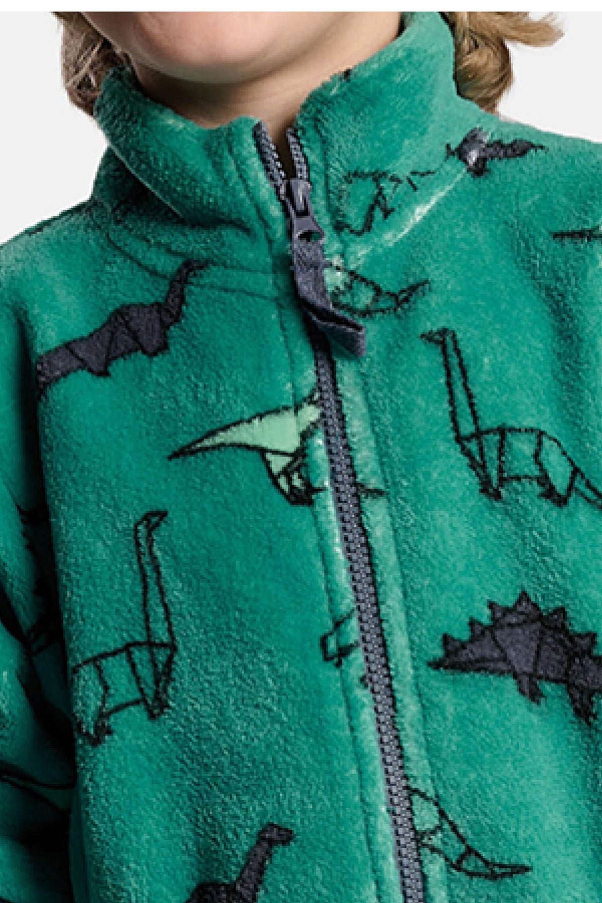 Roupão infantil de menino polar coral estampado de dinossauros com fecho de correr