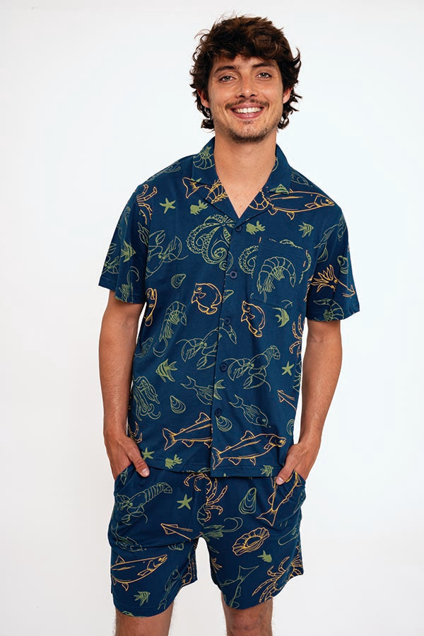 Pijama curto masculino de algodão com botões | MUYDEMI