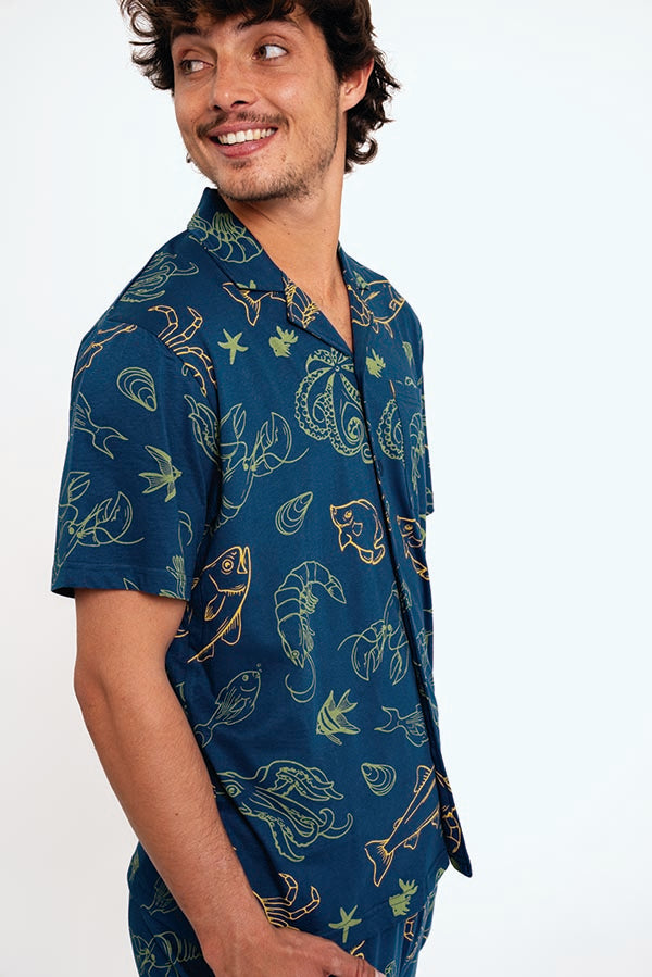 Pijama curto masculino de algodão com botões | MUYDEMI