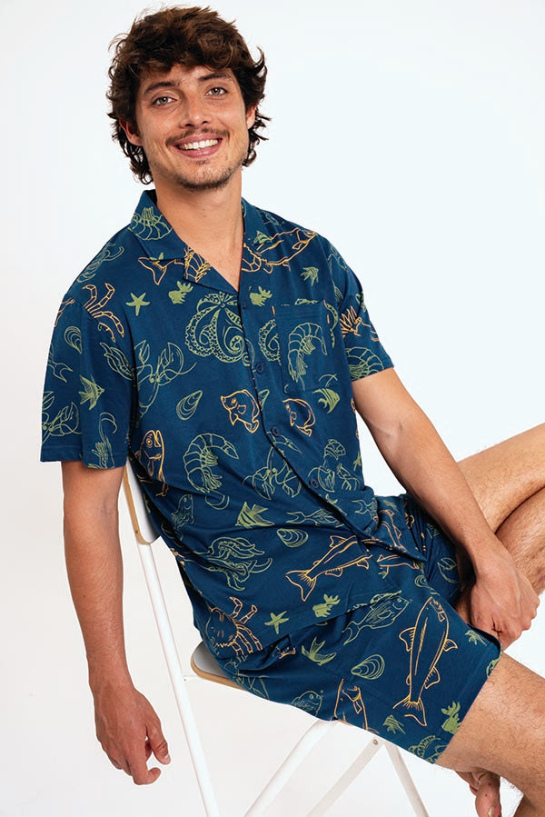 Pijama curto masculino de algodão com botões | MUYDEMI