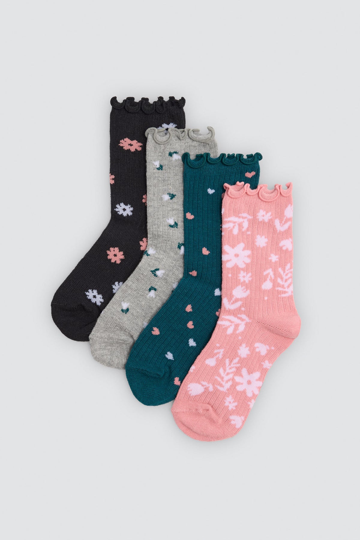 Pack de 4 meias de menina com punho ondulado e estampado floral