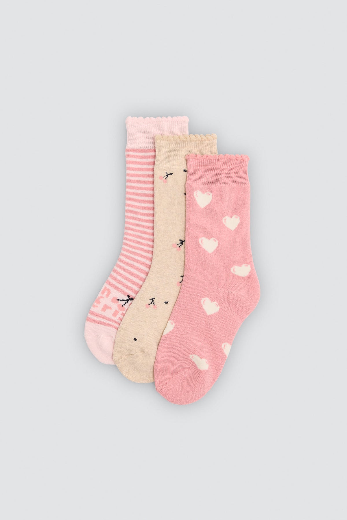 Pack de 3 meias térmicas de menina com estampados de cerejas e corações
