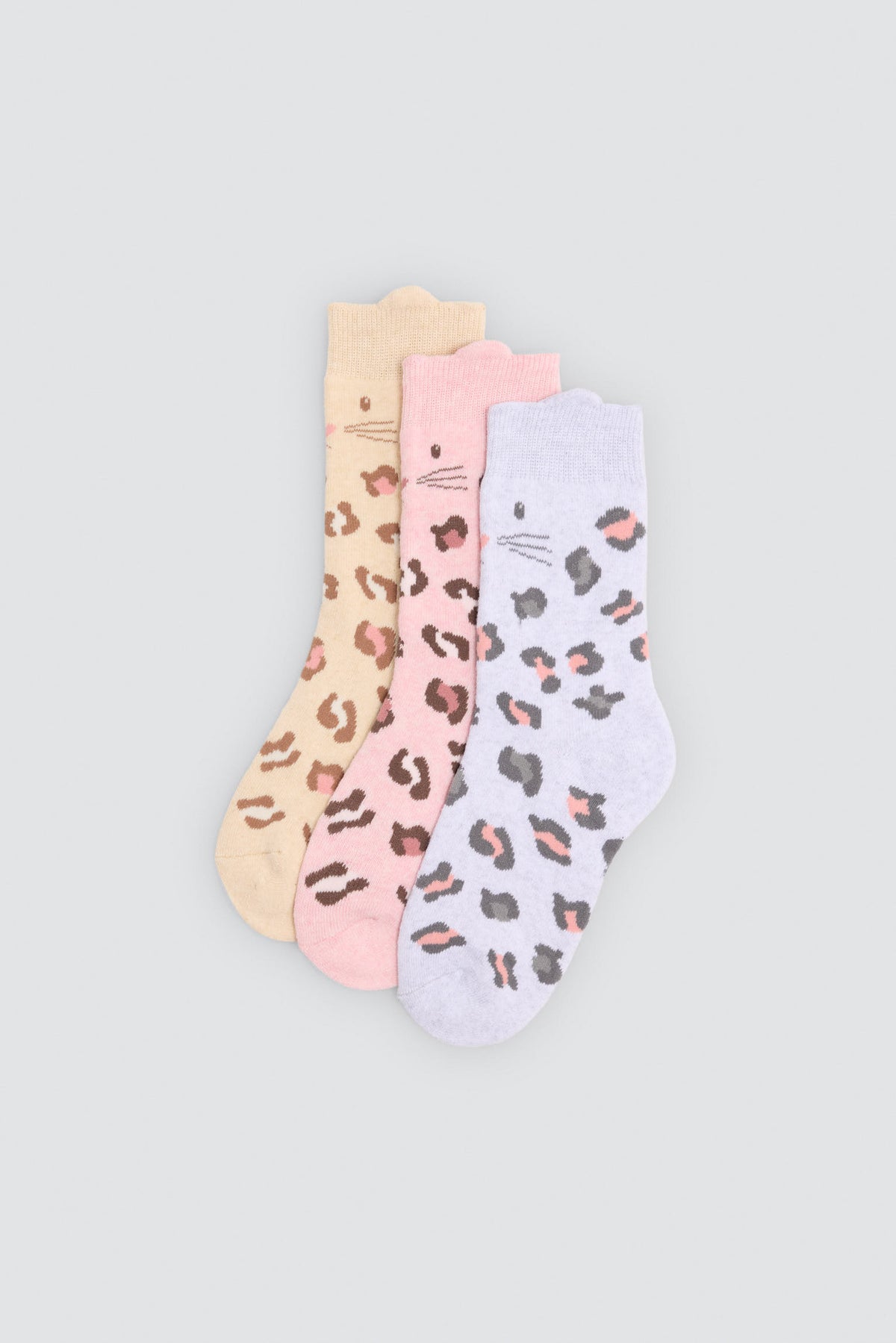 Pack de 3 meias térmicas de menina com detalhe orelhas de gato e estampado leopardo