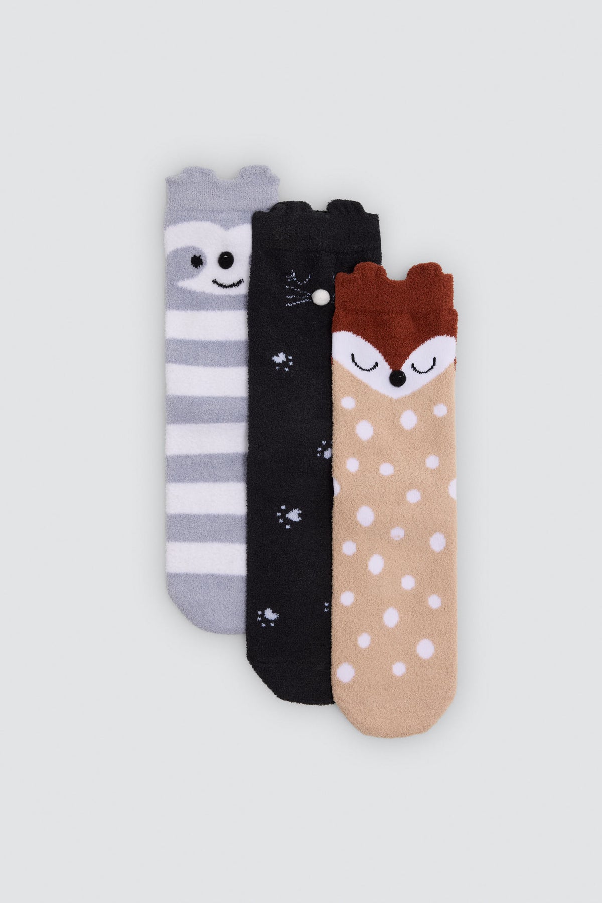 Pack de 3 meias térmicas antiderrapantes de menina com detalhes 3D de caras de animais
