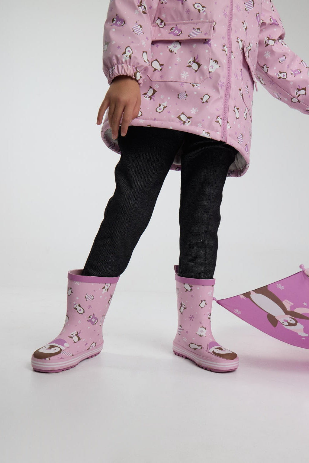 PRÉ-VENDA Botas de chuva de menina estampado de pinguins com forro interior