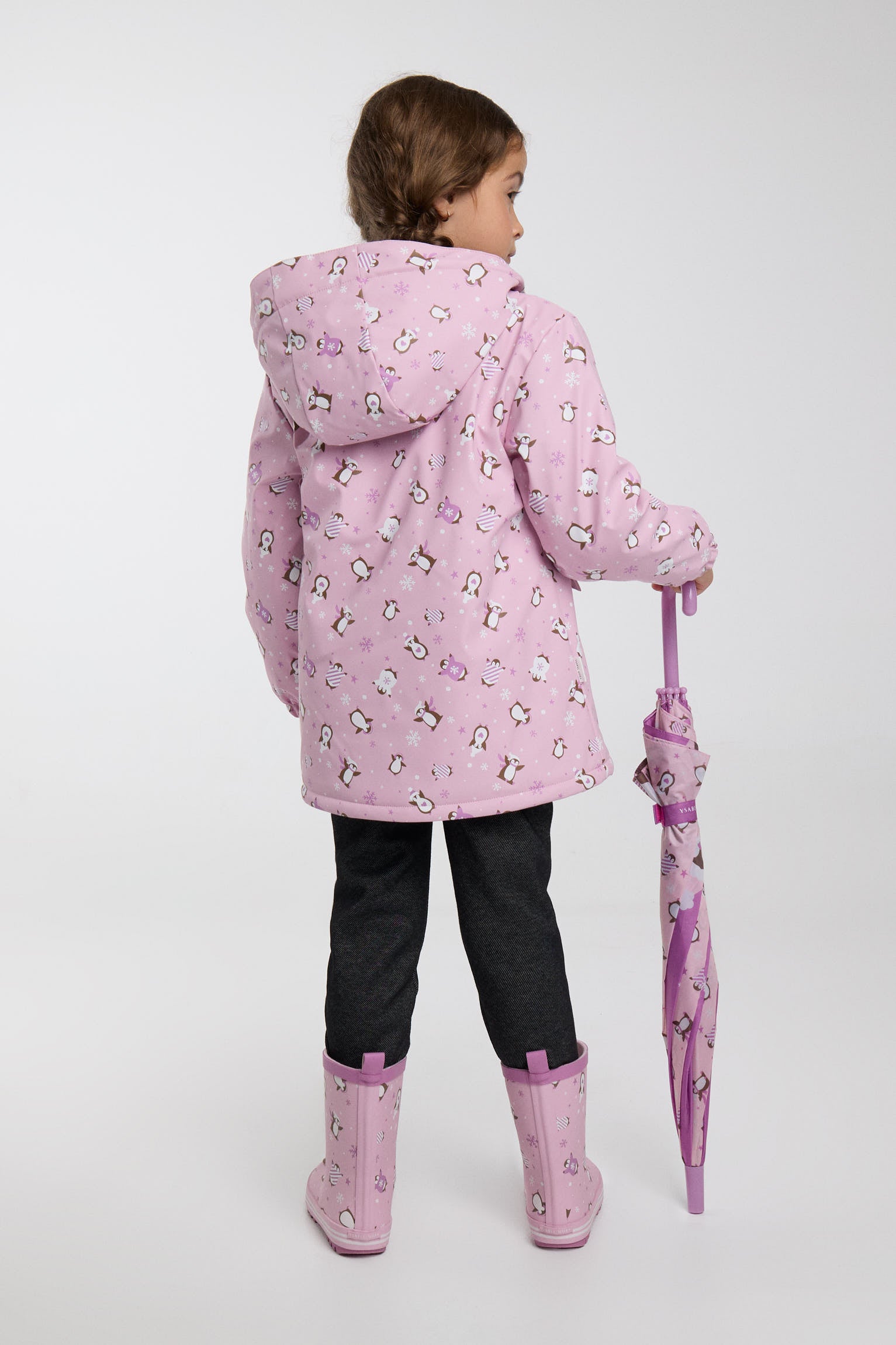 PRÉ-VENDA Capa de chuva de menina estampado de pinguins com forro polar