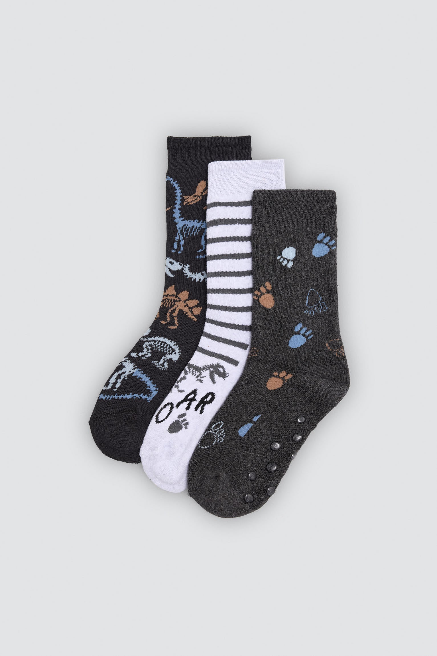 Pack de 3 meias térmicas antiderrapantes de menino com estampado de dinossauros e pegadas