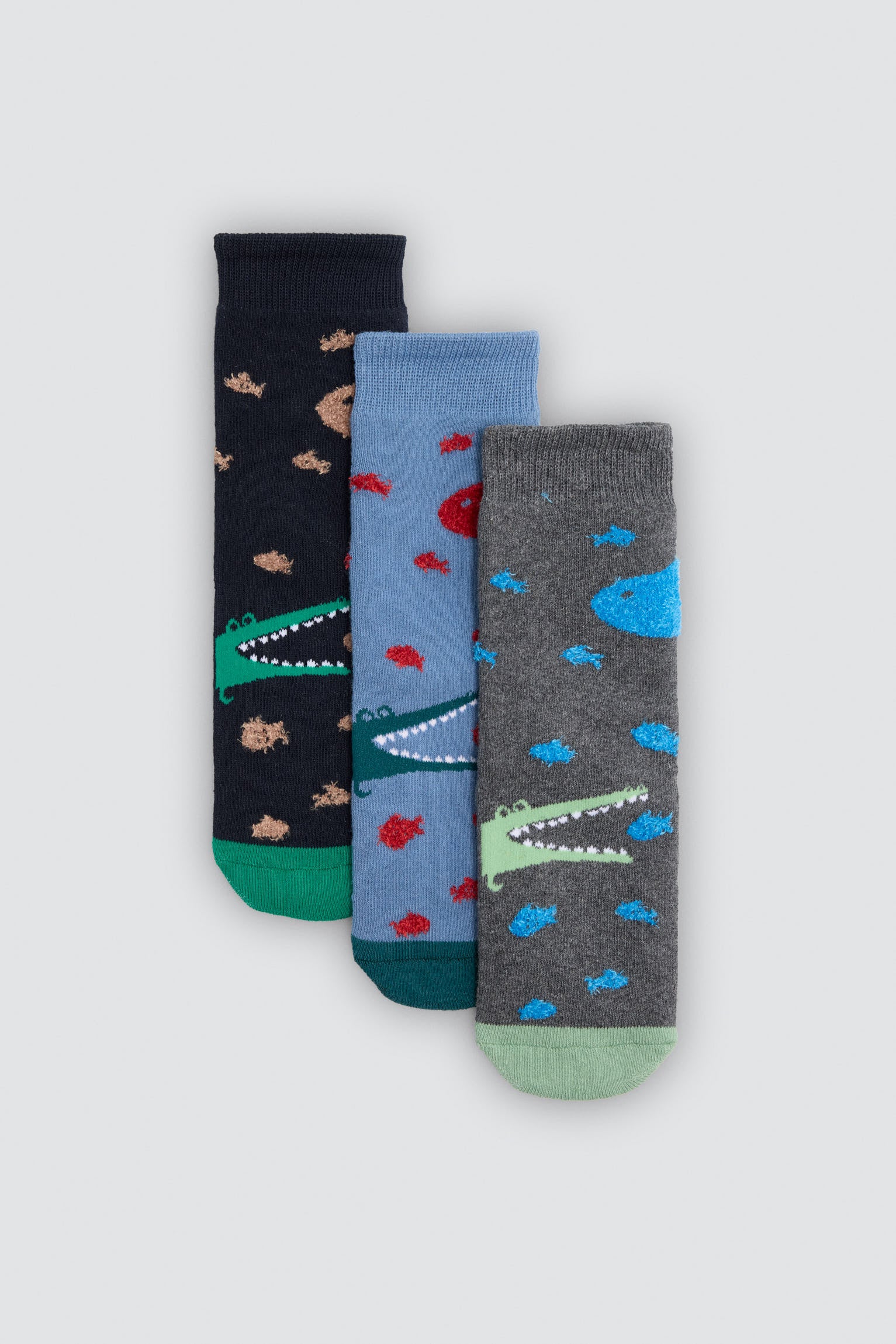 Pack de 3 meias térmicas antiderrapantes de menino com estampados de crocodilos e tubarões