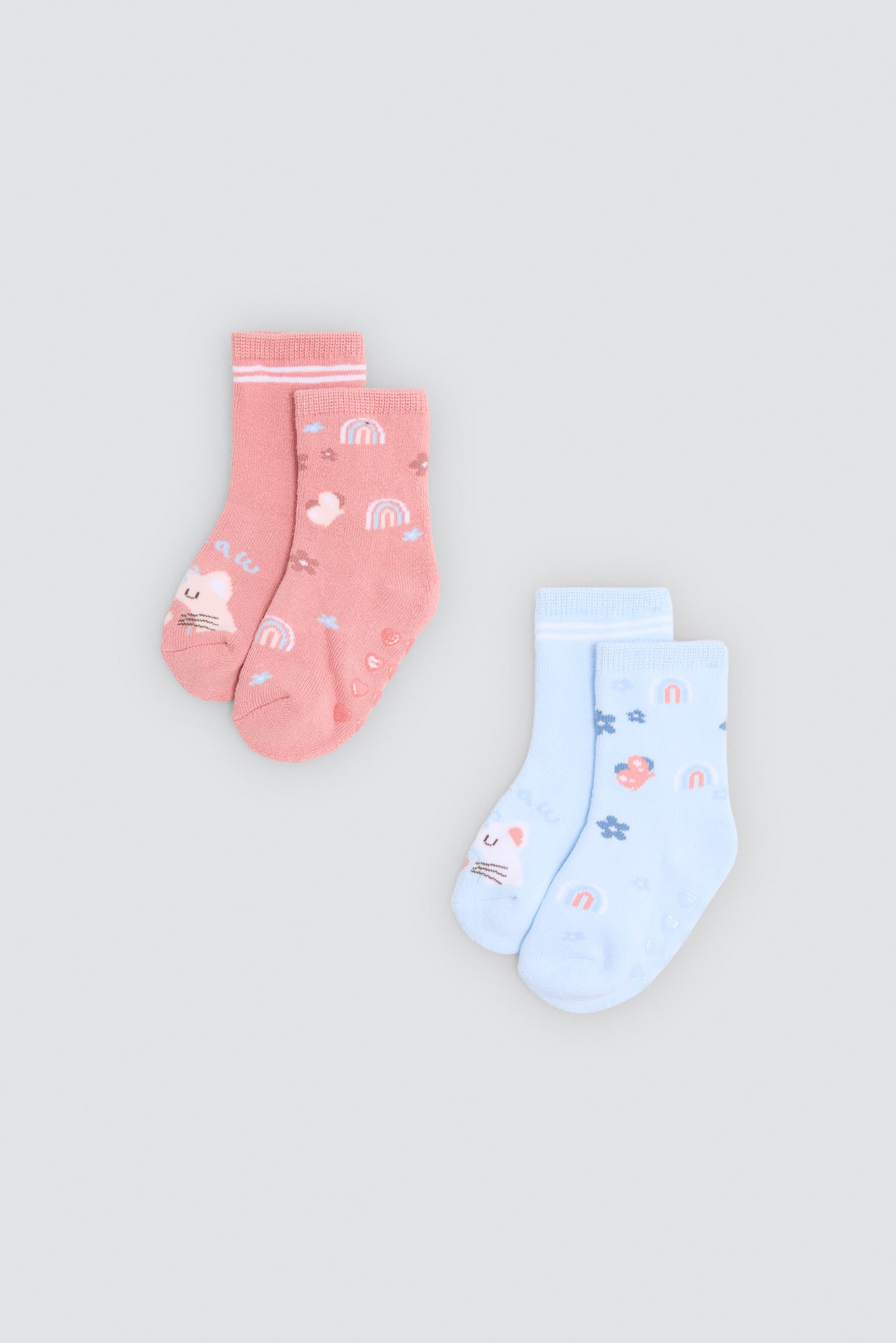 Pack de 2 meias térmicas antiderrapantes de bebé com estampados de gatos e arco-íris