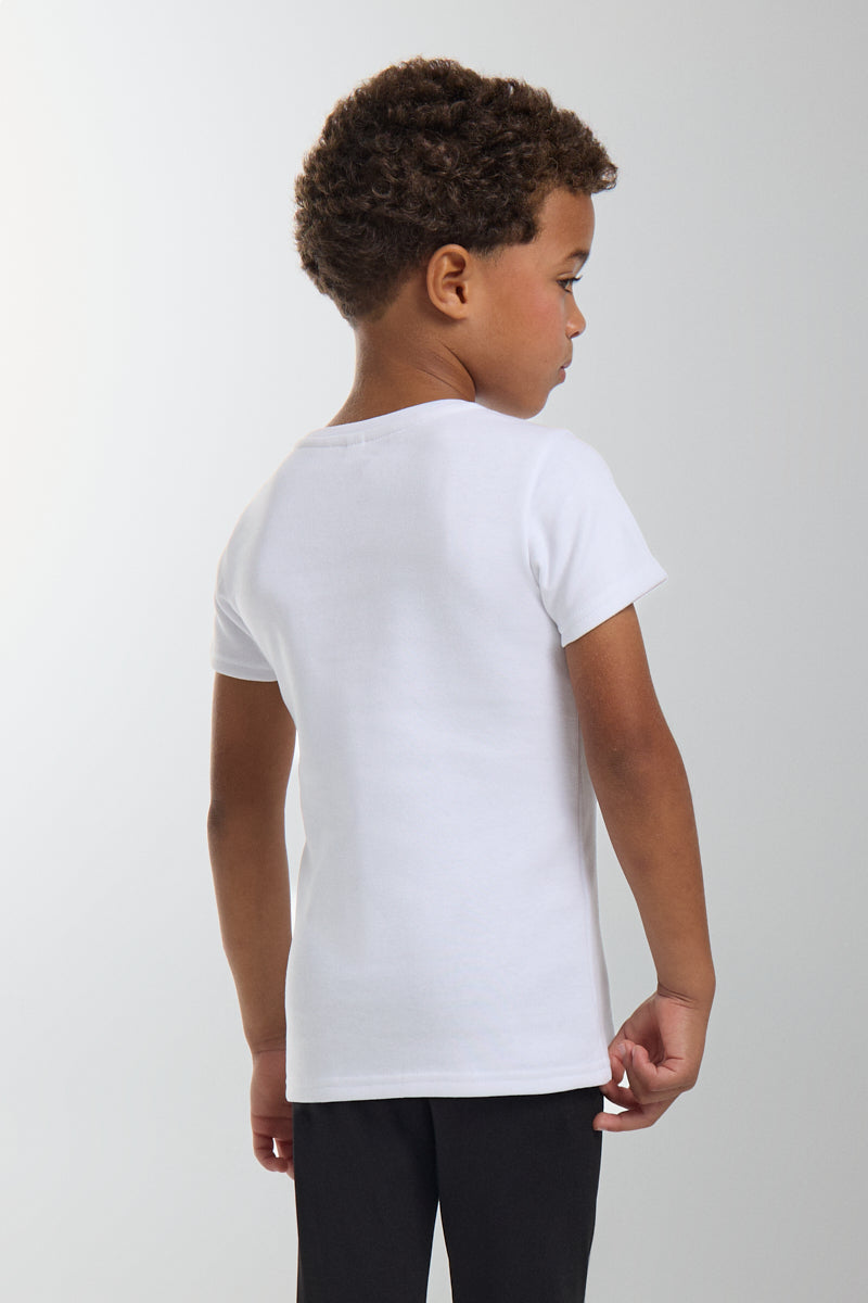Camiseta térmica leve infantil de manga curta e gola redonda, branca.
