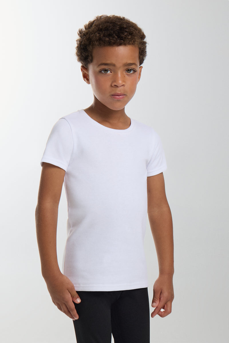 Camiseta térmica leve infantil de manga curta e gola redonda, branca.